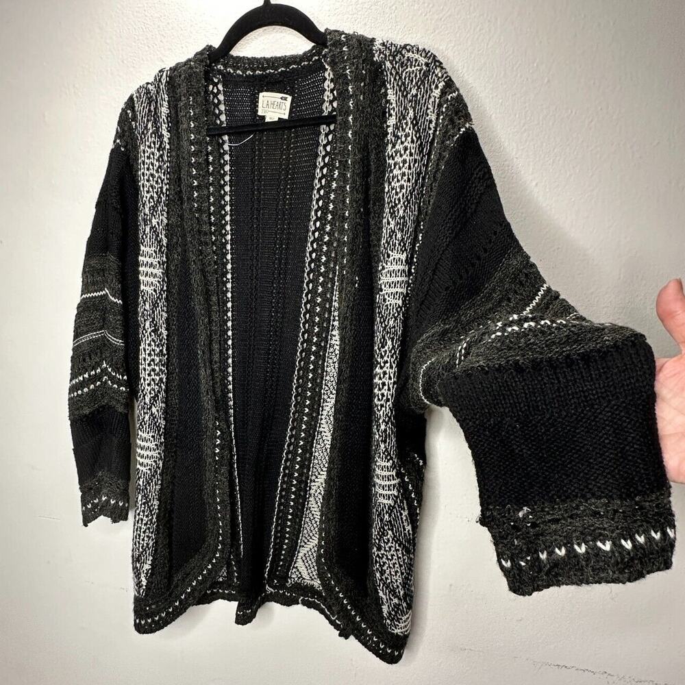 LA Hearts Black Gray and Cream Striped Knit Long Line Open Cardigan Sweater OS - Picture 4 of 14